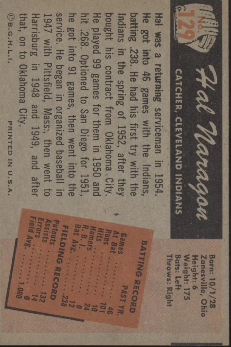 Hal Naragon 1955 Bowman RC #129 Cleveland Indians EX
