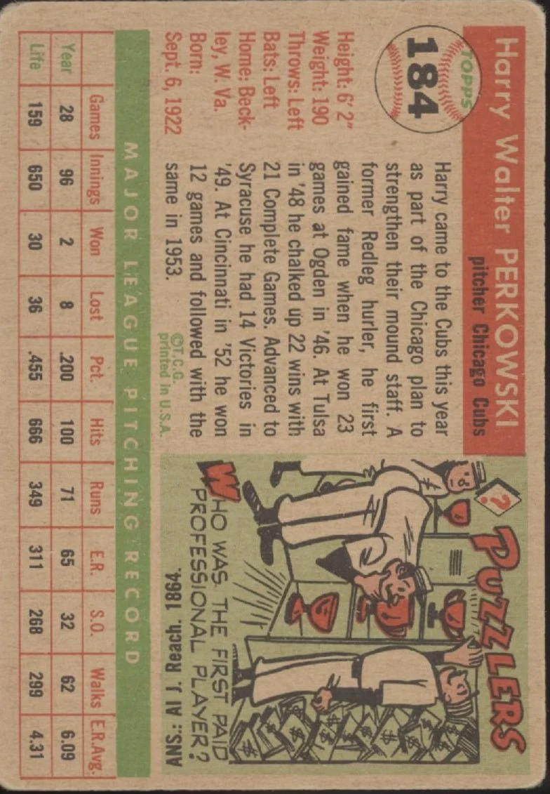 Harry Perkowski 1955 Topps #184 Chicago Cubs VG