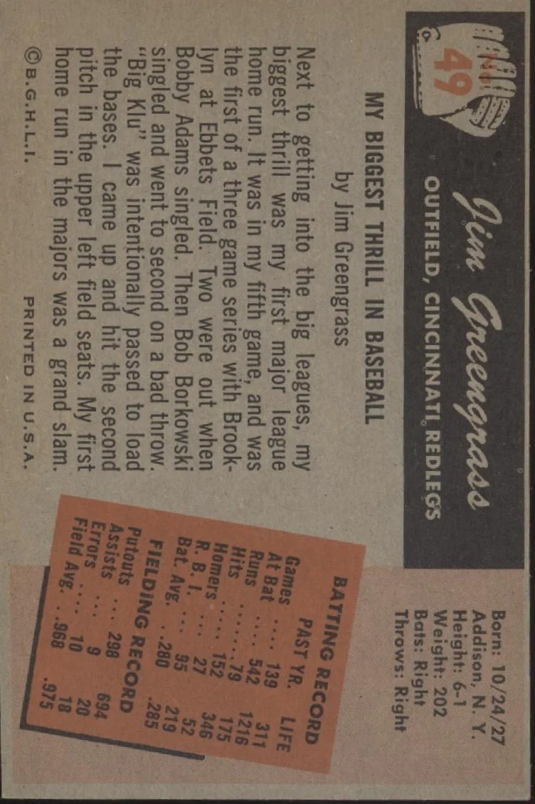 Jim Greengrass 1955 Bowman #49 Cincinnati Redlegs EX