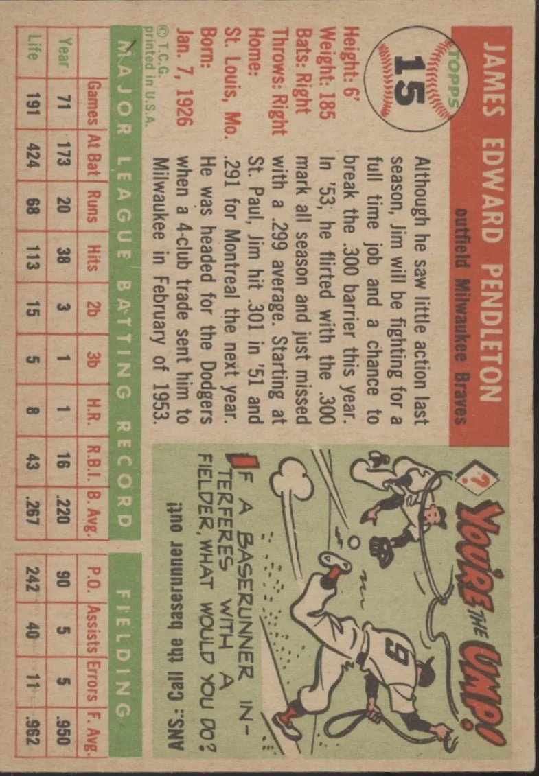 Jim Pendleton 1955 Topps #15 Milwaukee Braves EX