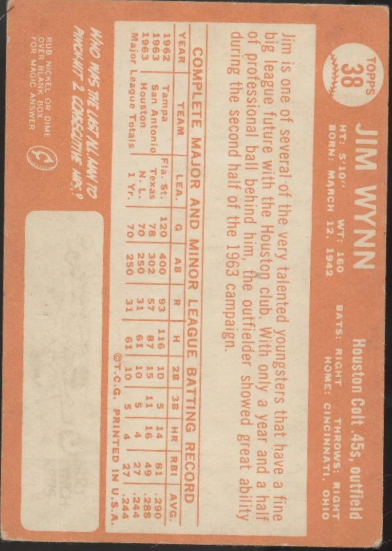 Jim Wynn 1964 Topps RC #38 Houston Colt 45s VG #1