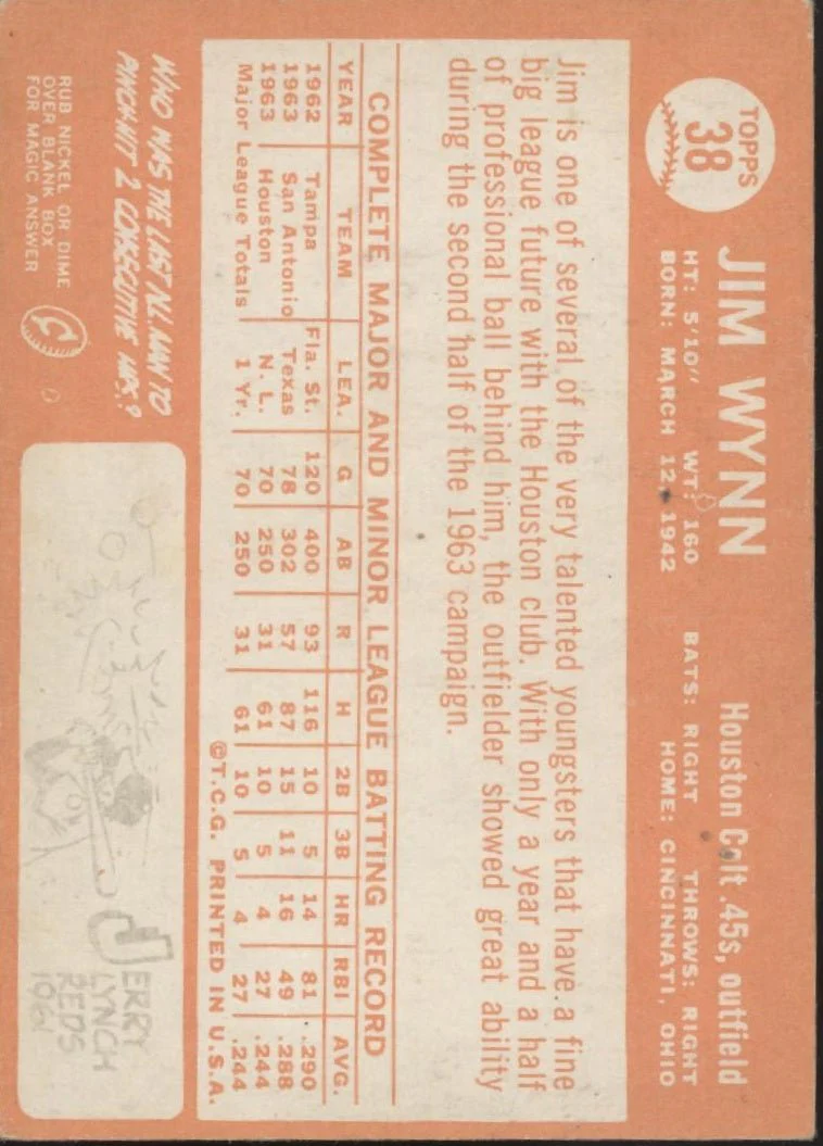 Jim Wynn 1964 Topps RC #38 Houston Colt 45s VG #2