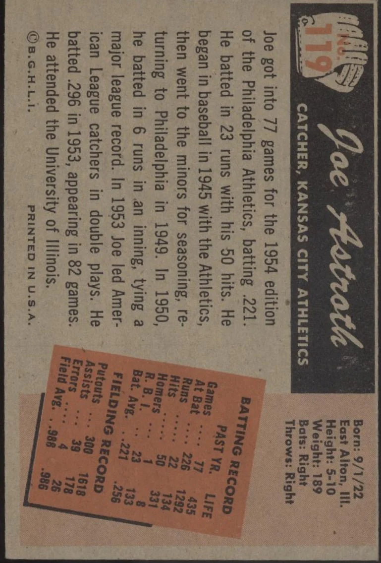 Joe Astroth 1955 Bowman #119 Kansas City Athletics VG-EX