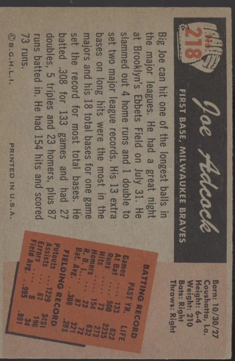 Joe Adcock 1955 Bowman #218 Milwaukee Braves EX