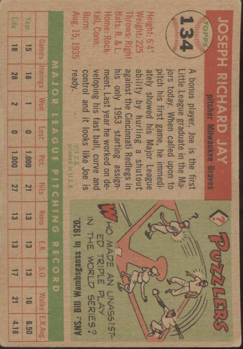 Joe Jay 1955 Topps #134 Milwaukee Braves VG