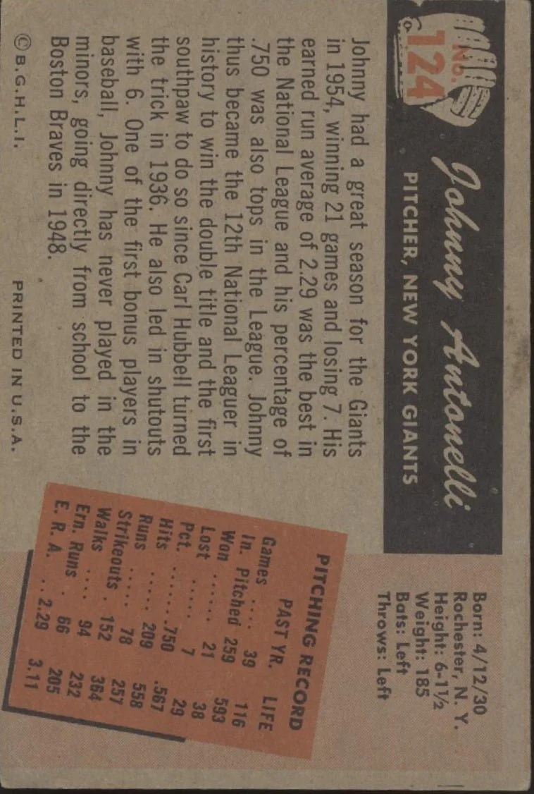 Johnny Antonelli 1955 Bowman #124 New York Giants VG #2