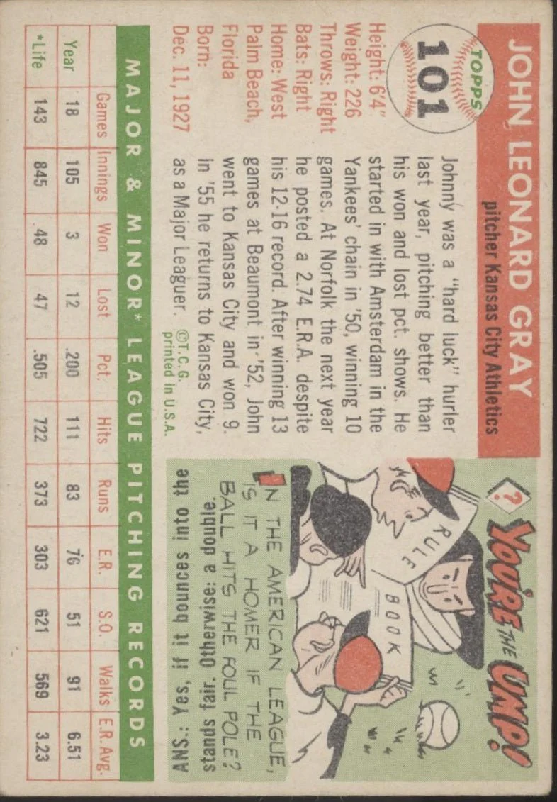 616-johnny-gray-1955-topps-rc-101-kansas-city-athletics-vg-ex-2.webp Johnny Gray 1955 Topps RC #101 Kansas City Athletics VG-EX