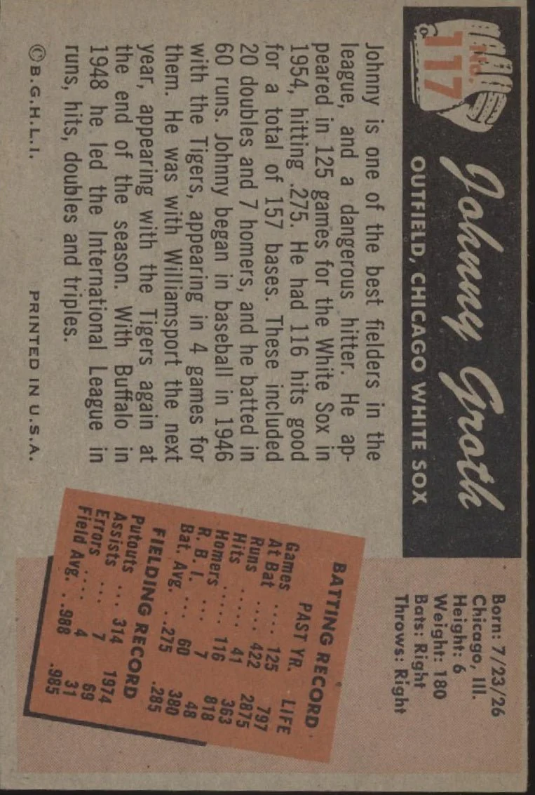 Johnny Groth 1955 Bowman #117 Chicago White Sox EX