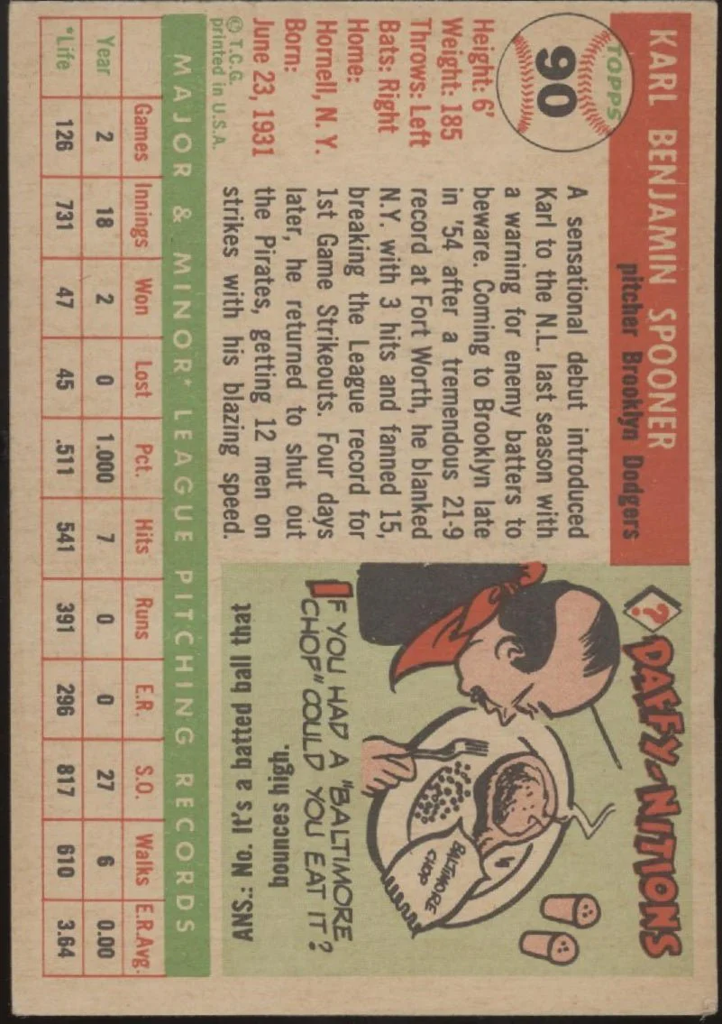 Karl Spooner 1955 Topps RC #90 Brooklyn Dodgers VG-EX