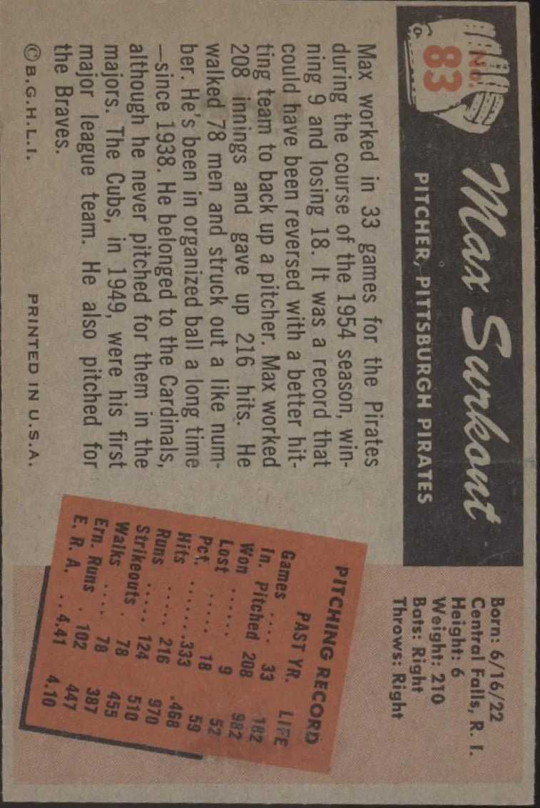Max Surkont 1955 Bowman #83 Pittsburgh Pirates EX