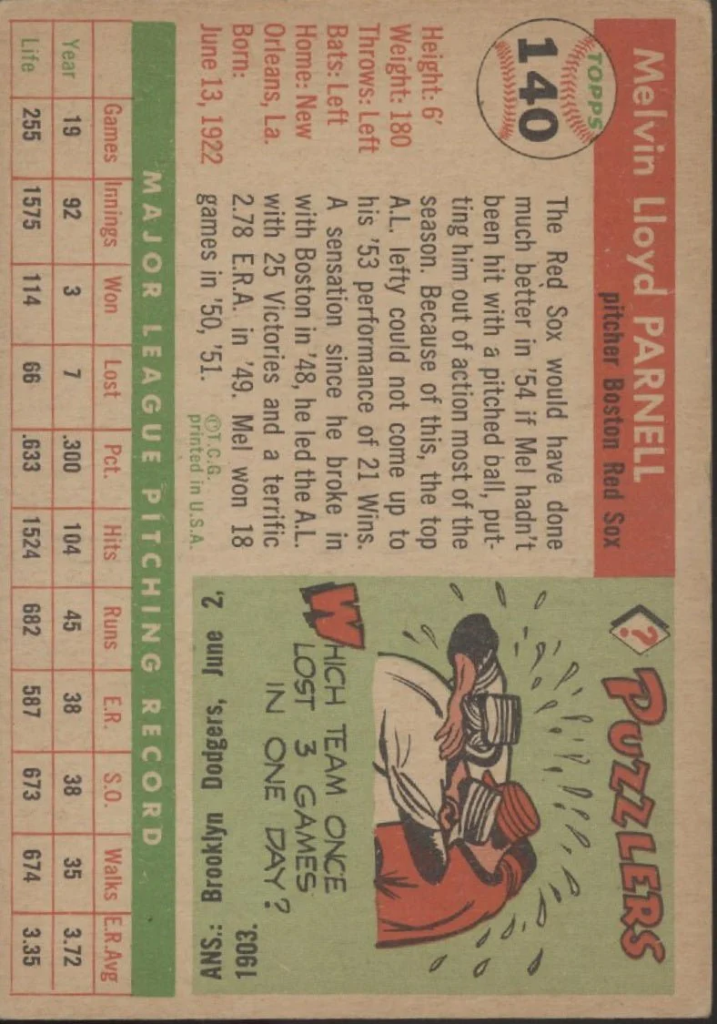 628-mel-parnell-1955-topps-140-boston-red-sox-vg-ex-2.webp Mel Parnell 1955 Topps #140 Boston Red Sox VG-EX