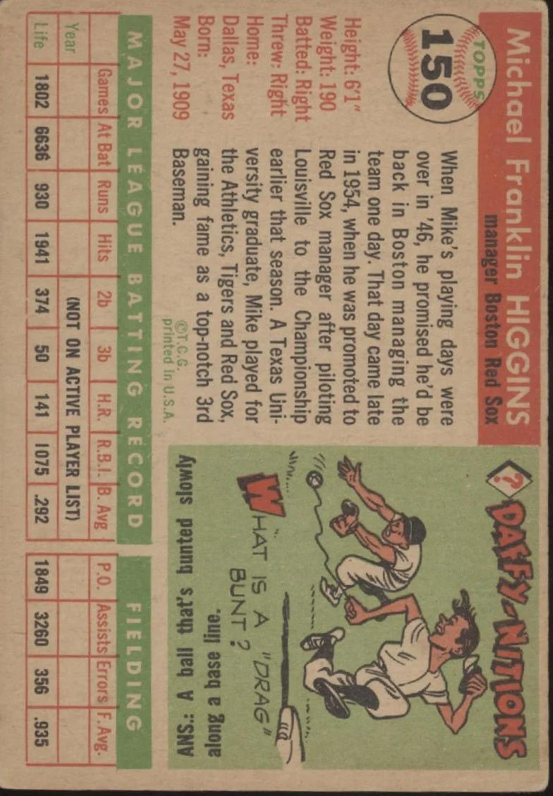 635-mike-higgins-1955-topps-150-boston-red-sox-vg-ex-4-2.webp Mike Higgins 1955 Topps #150 Boston Red Sox VG-EX #4