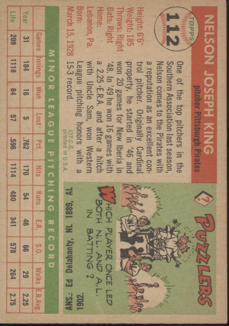 Nelson King 1955 Topps #112 Pittsburgh Pirates VG-EX
