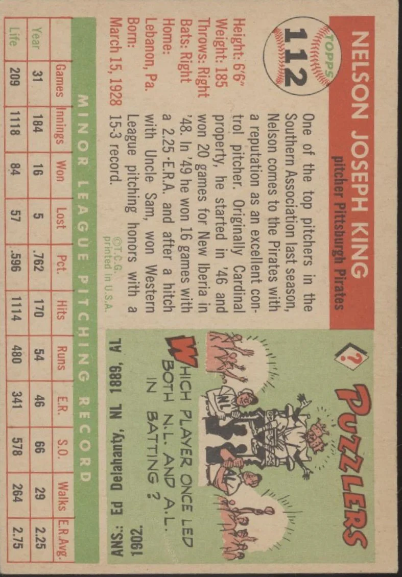 Nelson King 1955 Topps #112 Pittsburgh Pirates EX #3