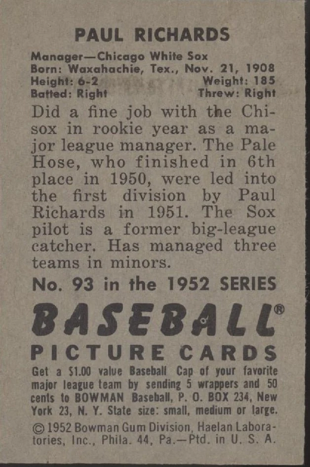 Paul Richards 1952 Bowman #93 Chicago White Sox VG