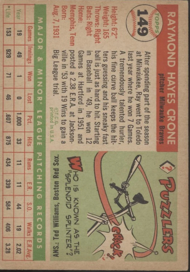 Ray Crone 1955 Topps #149 Milwaukee Braves VG
