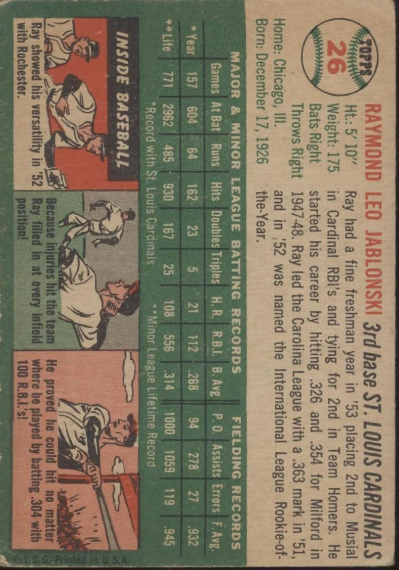 643-ray-jablonski-1954-topps-26-st.-louis-cardinals-vg-2.webp Ray Jablonski 1954 Topps #26 St. Louis Cardinals VG