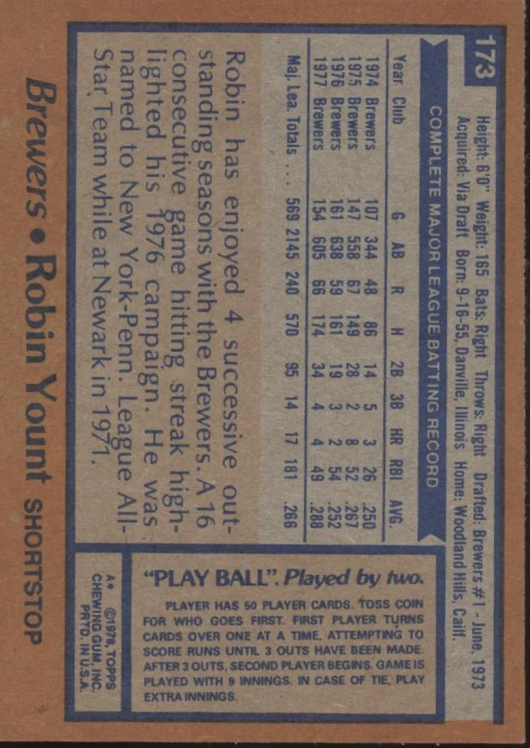 Robin Yount 1978 Topps #173 Milwaukee Brewers VG-EX #6