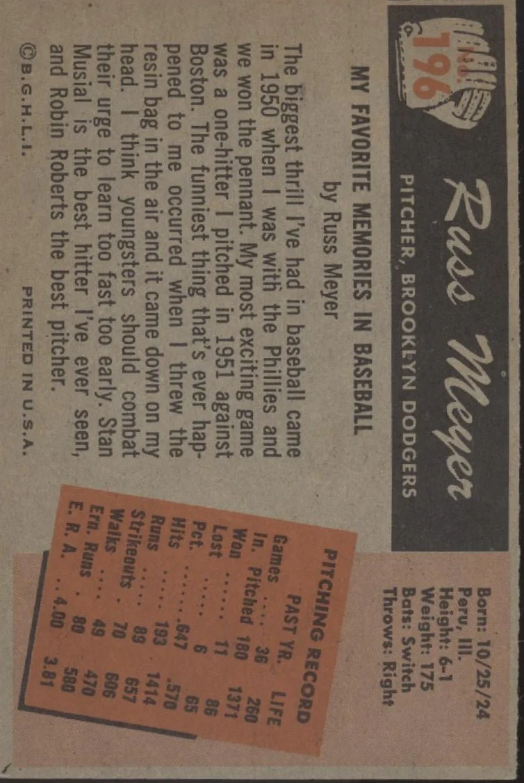 Russ Meyer 1955 Bowman #196 Brooklyn Dodgers EX #1
