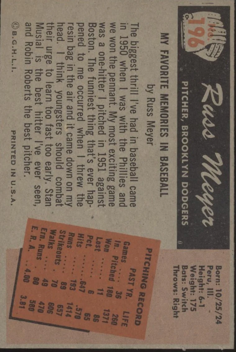 Russ Meyer 1955 Bowman #196 Brooklyn Dodgers EX #2