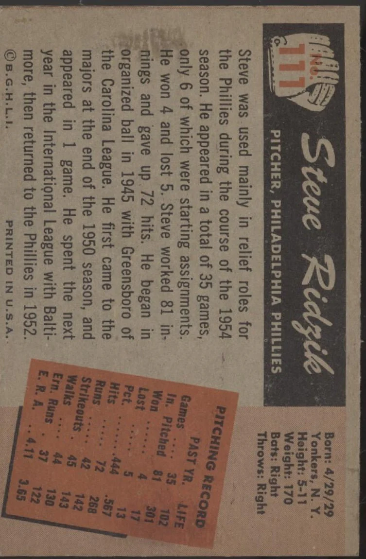 Steve Ridzik 1955 Bowman #111 Philadelphia Phillies EX #2