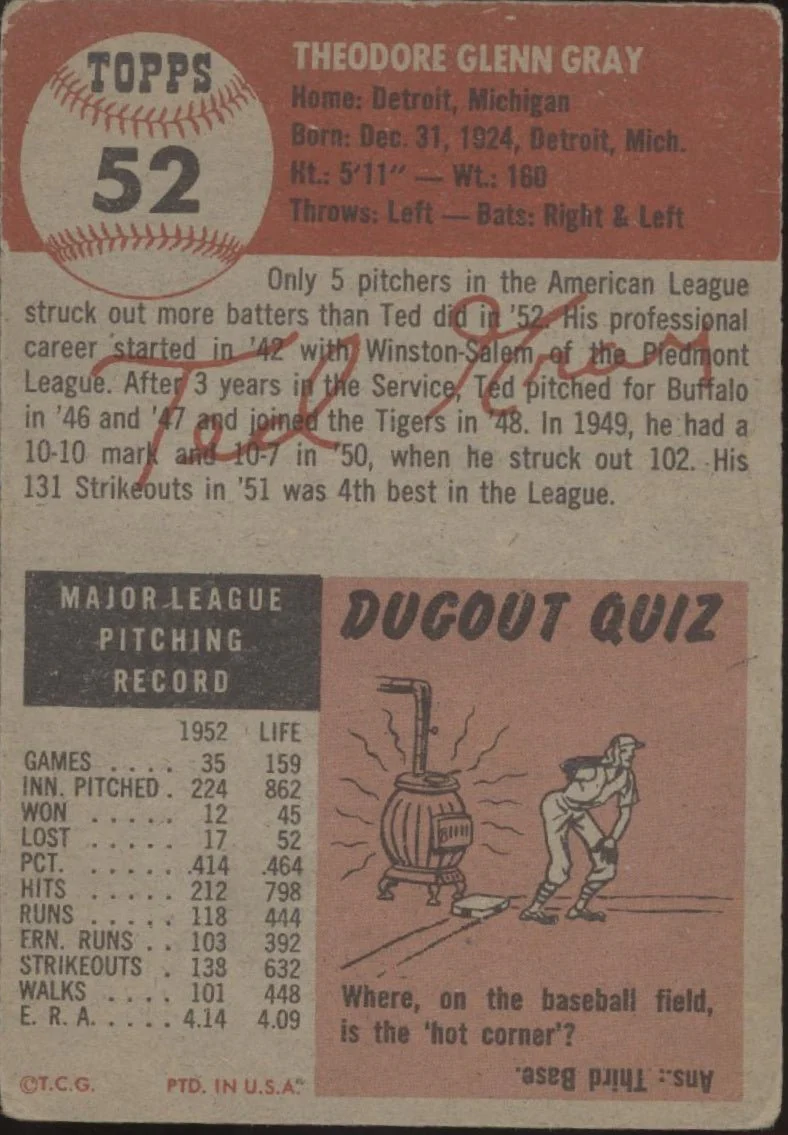 Ted Gray 1953 Topps #52 Detroit Tigers GD