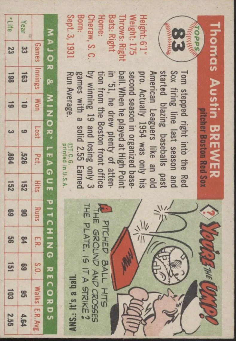 Tom Brewer 1955 Topps RC #83 Boston Red Sox EX