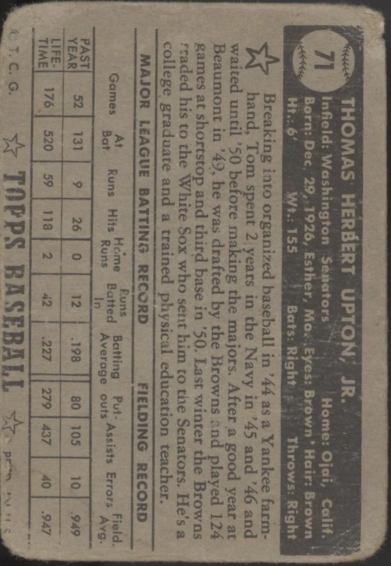 Tom Upton 1952 Topps RC #71 Washington Senators PR