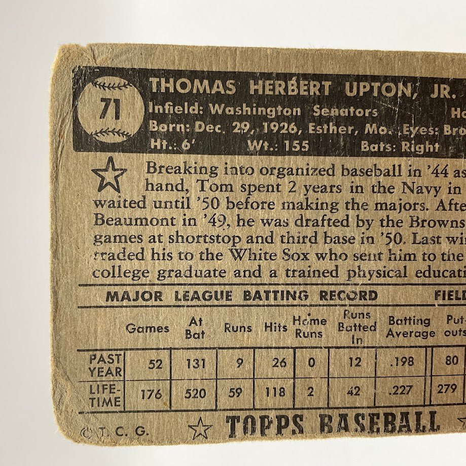 Tom Upton 1952 Topps RC #71 Washington Senators PR