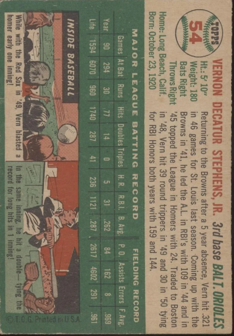 Vern Stephens 1954 Topps #54 Baltimore Orioles GD