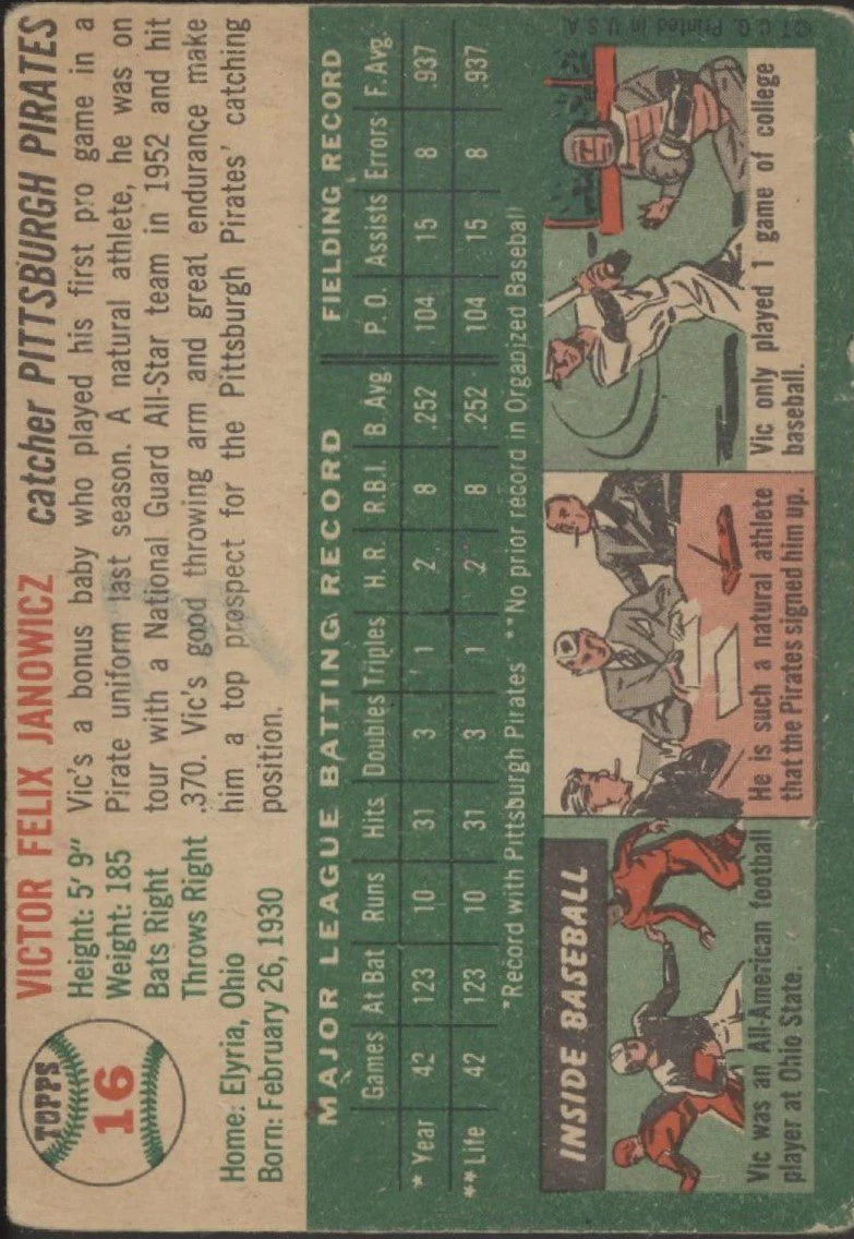 Vic Janowicz 1954 Topps #16 Pittsburgh Pirates GD