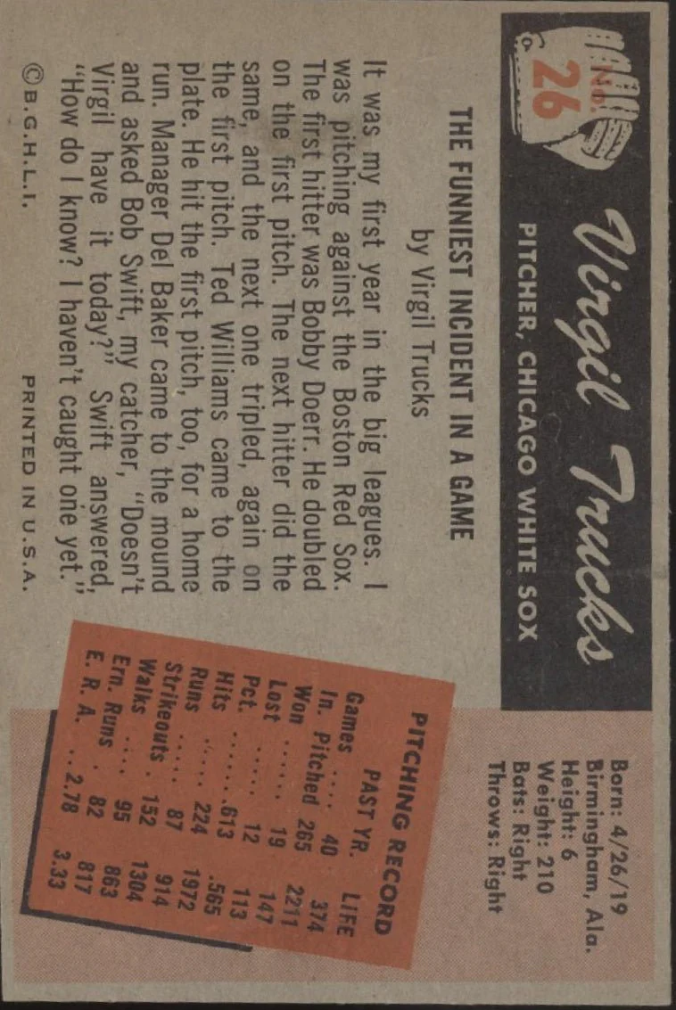 Virgil Trucks 1955 Bowman #26 Chicago White Sox EX