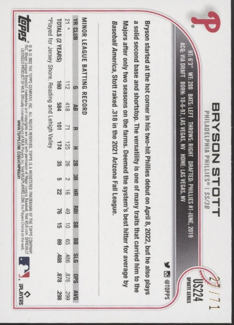 Bryson Stott 2022 Topps Update Series Black Border RC 27/71 #US224