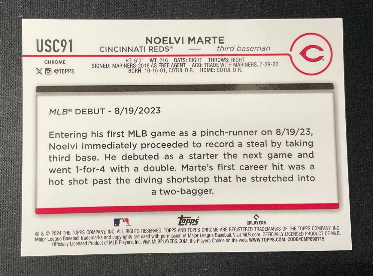 Noelvi Marte 2024 Topps Chrome Update Series Black Refractor RC 08/10 #USC91