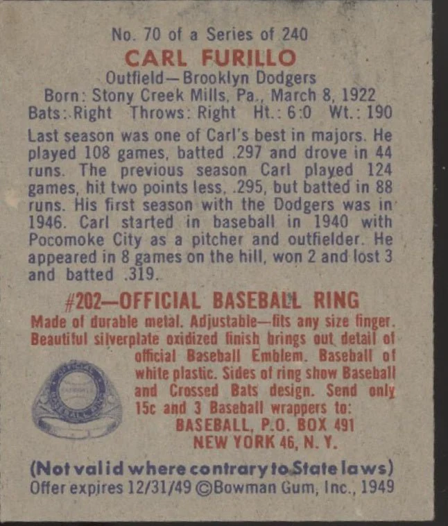 Carl Furillo 1949 Bowman RC #70 Brooklyn Dodgers VG