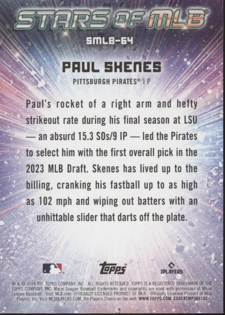 Paul Skenes 2024 Topps Update Series Stars of MLB Foil RC #SMLB-64 #1