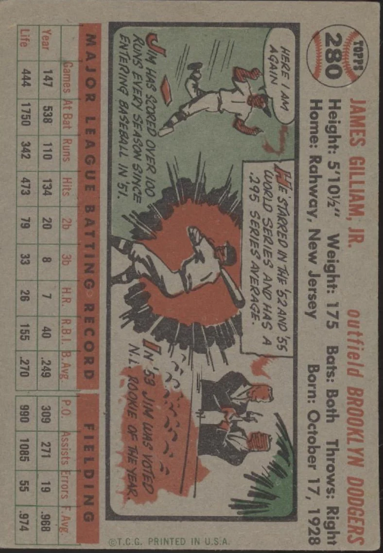 Jim Gilliam 1956 Topps #280 Brooklyn Dodgers VG