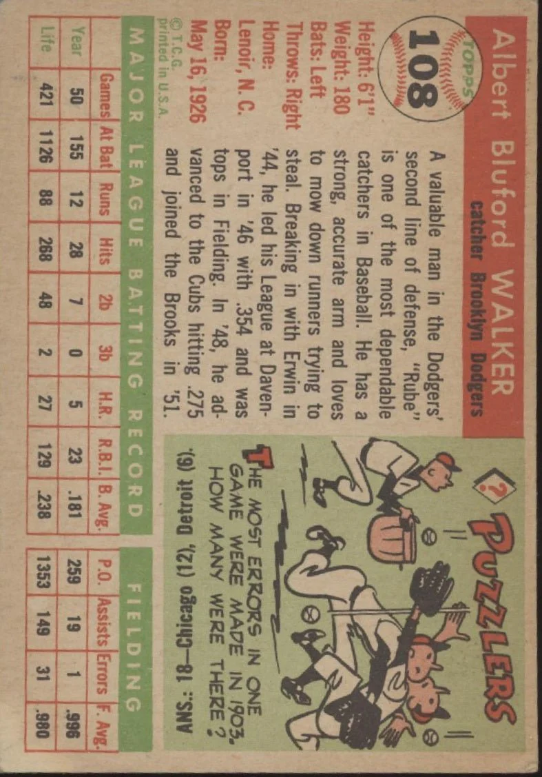 705-rube-walker-1955-topps-108-brooklyn-dodgers-vg-ex-2.webp Rube Walker 1955 Topps #108 Brooklyn Dodgers VG-EX