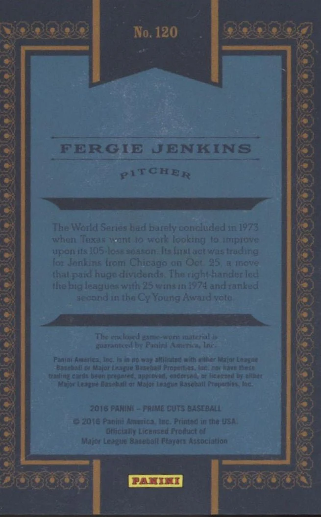 Fergie Jenkins 2016 Panini Prime Cuts Swatch 43/49 #120