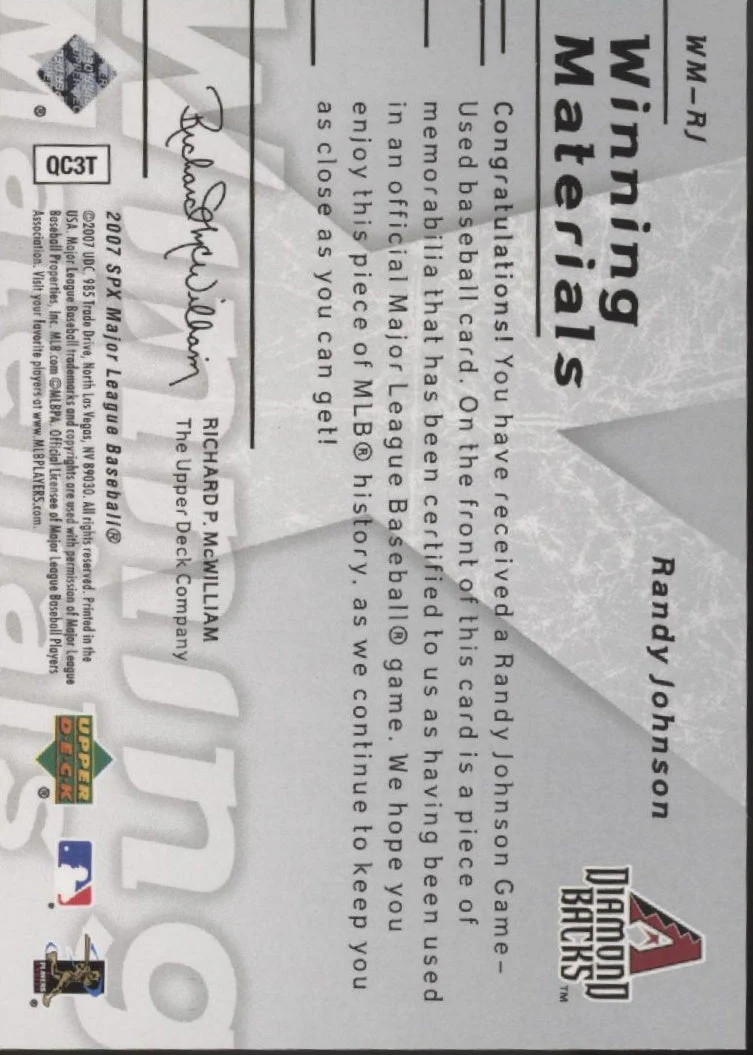 Randy Johnson 2007 Upper Deck SPX Winning Materials Swatch #WM-RJ