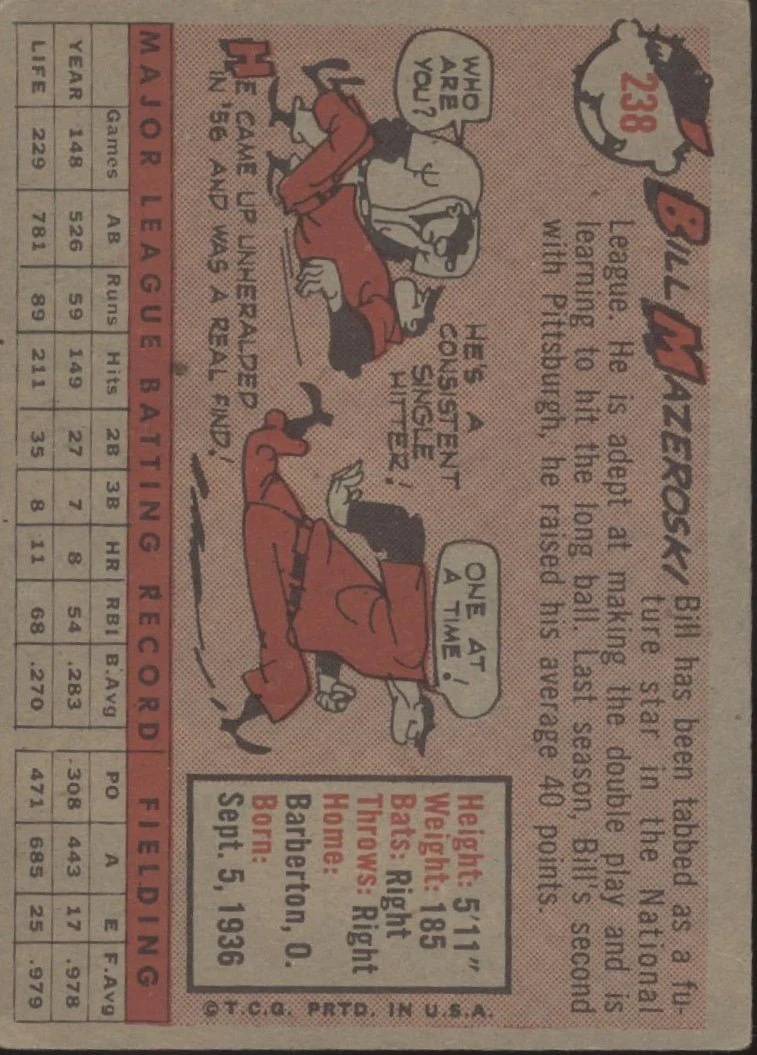 Bill Mazeroski 1958 Topps #238 Pittsburgh Pirates VG-EX
