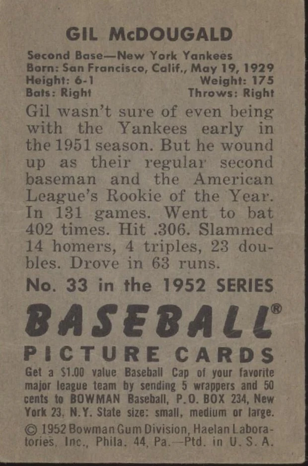 Gil McDougald 1952 Bowman RC #33 New York Yankees VG-EX