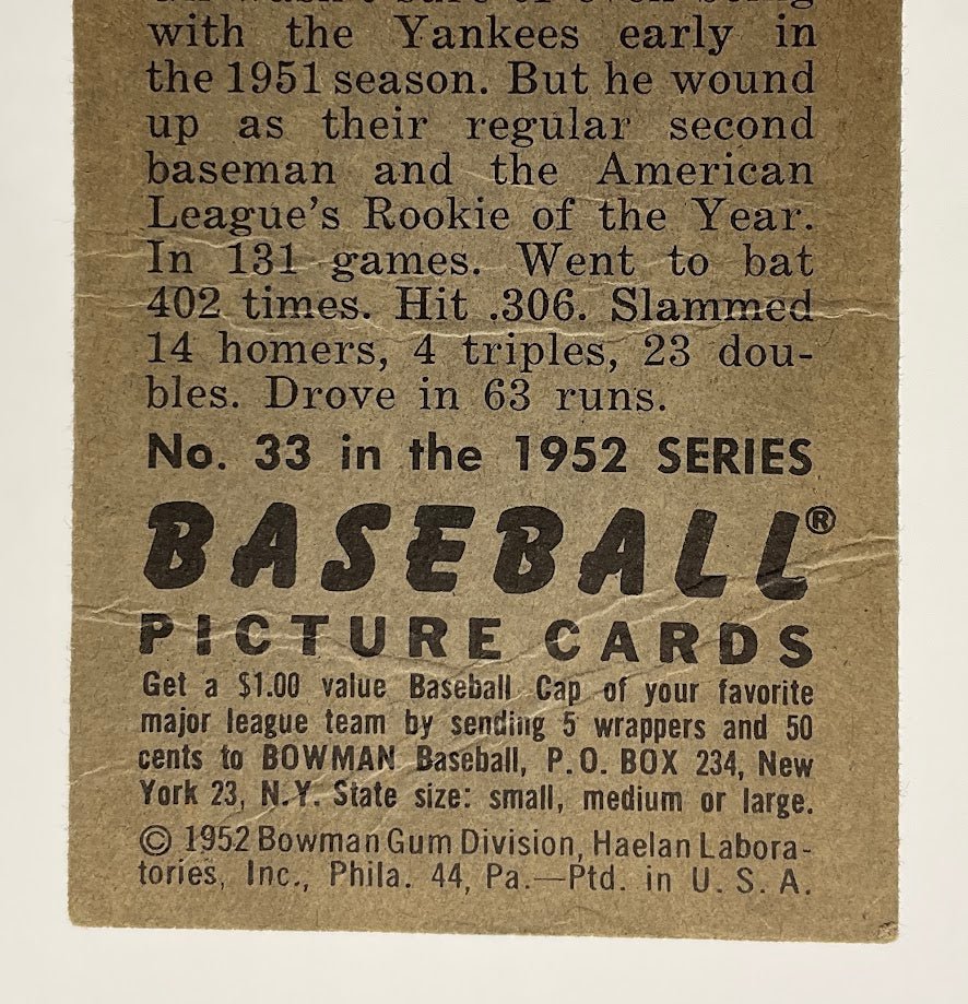 Gil McDougald 1952 Bowman RC #33 New York Yankees VG-EX