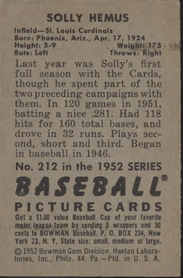 Solly Hemus 1952 Bowman RC #212 St. Louis Cardinals VG-EX