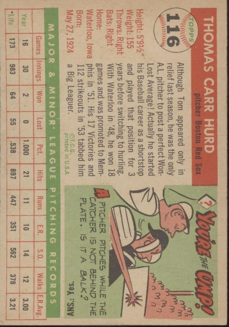Tom Hurd 1955 Topps #116 Boston Red Sox VG-EX