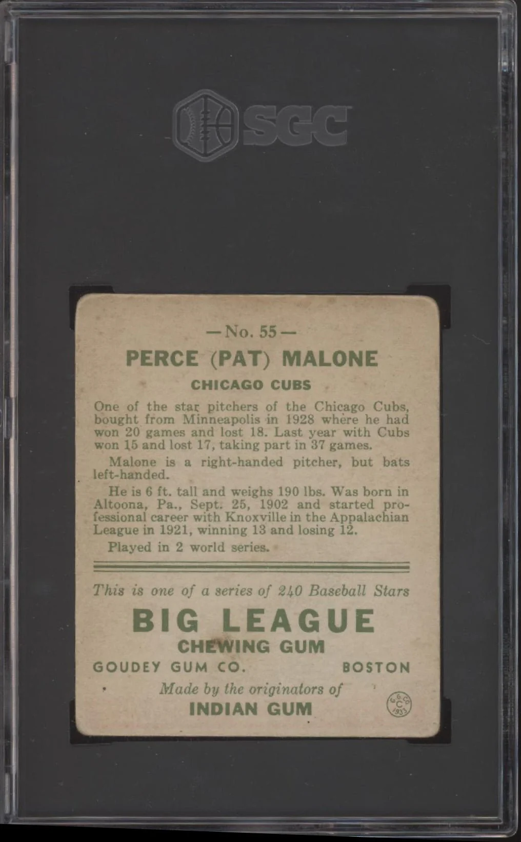 Perce Malone 1933 Goudey RC #55 SGC 2