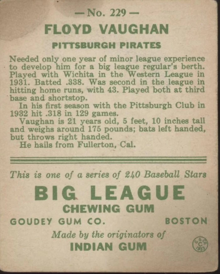 Floyd Vaughan 1933 Goudey RC #229 Pittsburgh Pirates GD