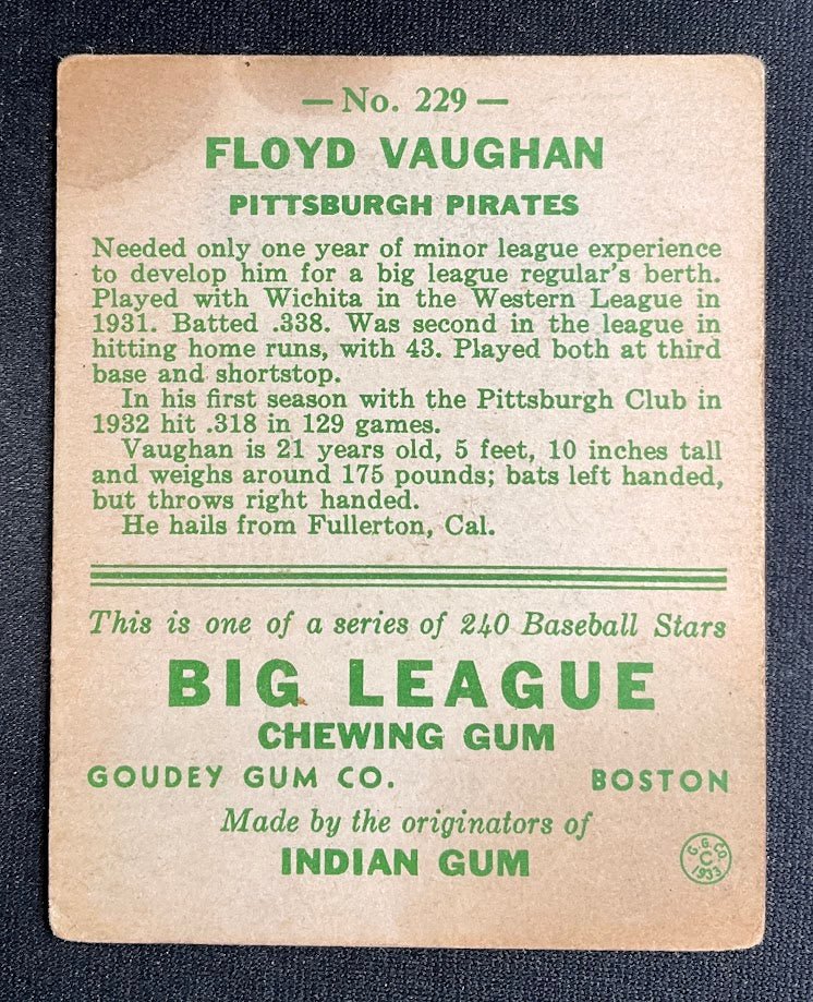 Floyd Vaughan 1933 Goudey RC #229 Pittsburgh Pirates GD
