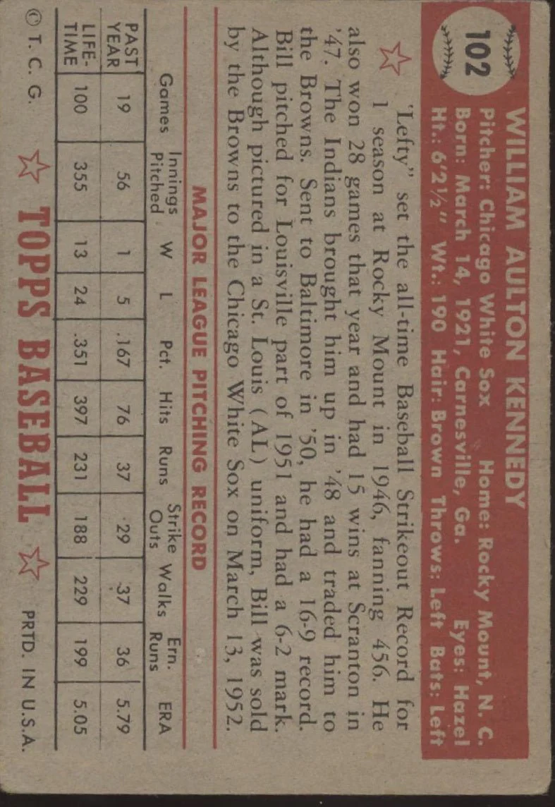 Bill Kennedy 1952 Topps #102 St. Louis Browns VG