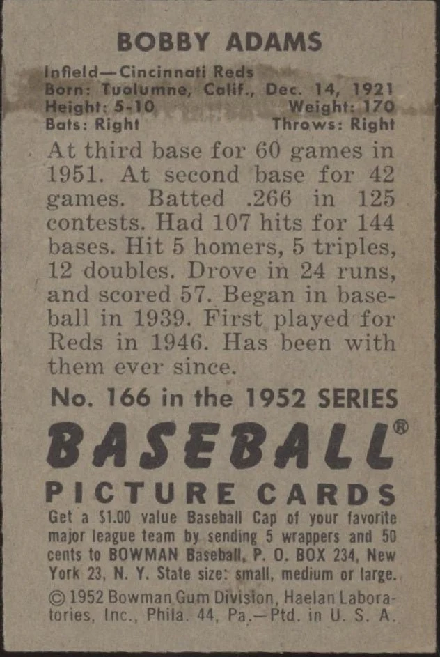 Bobby Adams 1952 Bowman #166 Cincinnati Reds VG